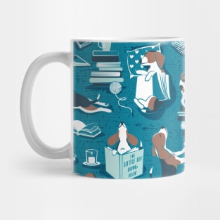 Life is better with books a hot drink and a friend // pattern // turquoise background brown white and blue beagles and cats and aqua cozy details Mug